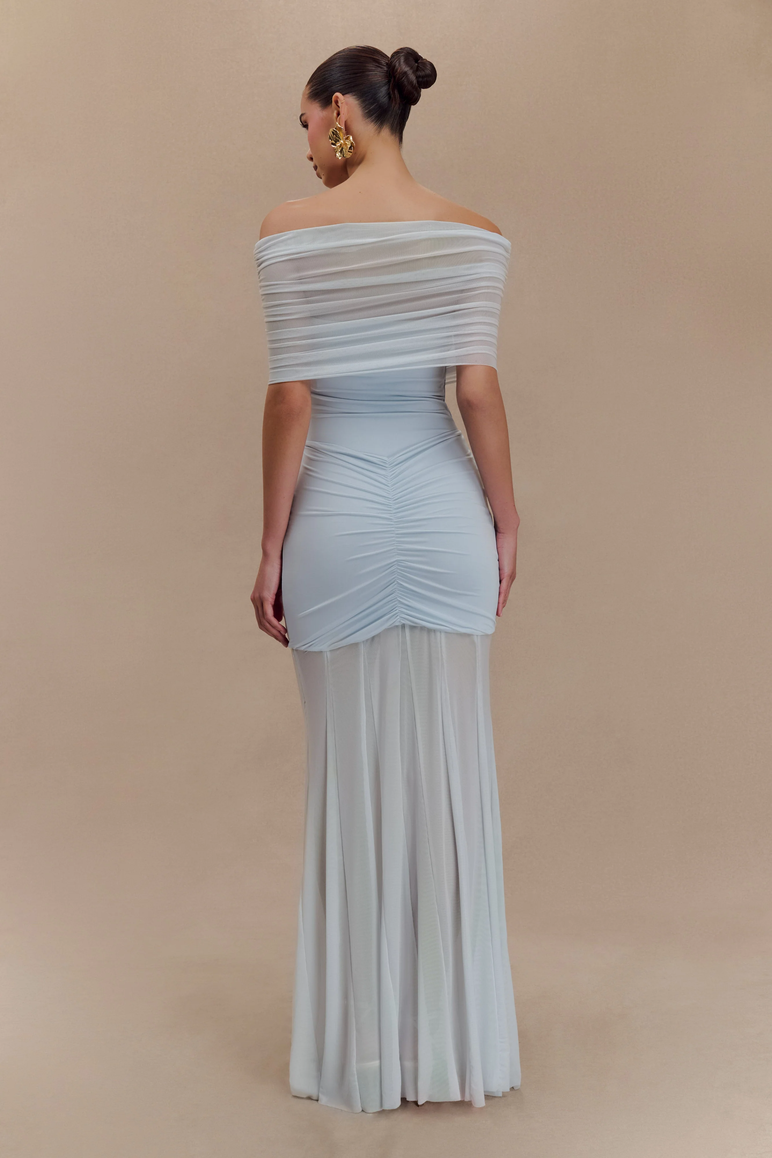 Caspian Slinky And Mesh Off Shoulder Maxi Dress - Pale Blue
