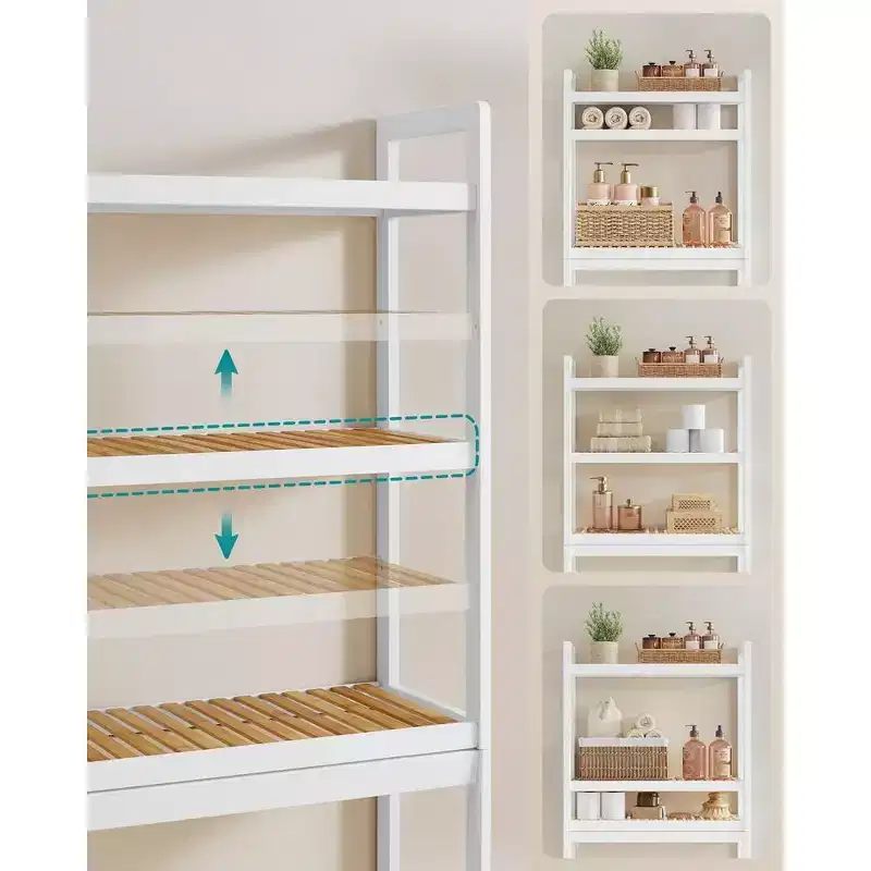 SONGMICS Over The Toilet Storage, 3-Tier Over Toilet Bathroom Organizer with Adjustable Shelf, Fit Most Toilets, Cloud White and Natural Beige
