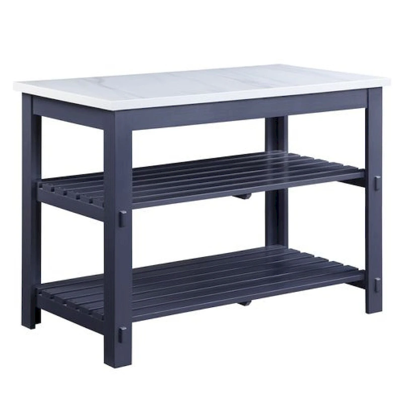 50 Inch Kitchen Island, Faux Marble Top, 2 Slatted Shelves, Gray