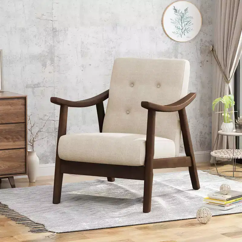 MAYEERTY Mid Century Modern Tufted Armchair, Beige Upholstery Brown Frame, Living Room Dining Room