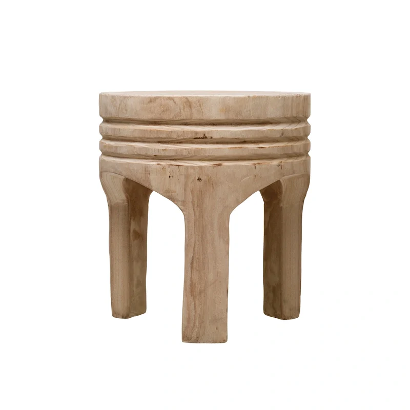 Round Carved Wood Stool, Natural / Dark Brown / Black, Single Seat