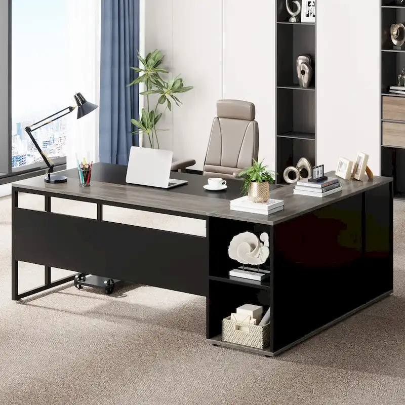 71 inch L Shaped Executive Desk with Cabinet