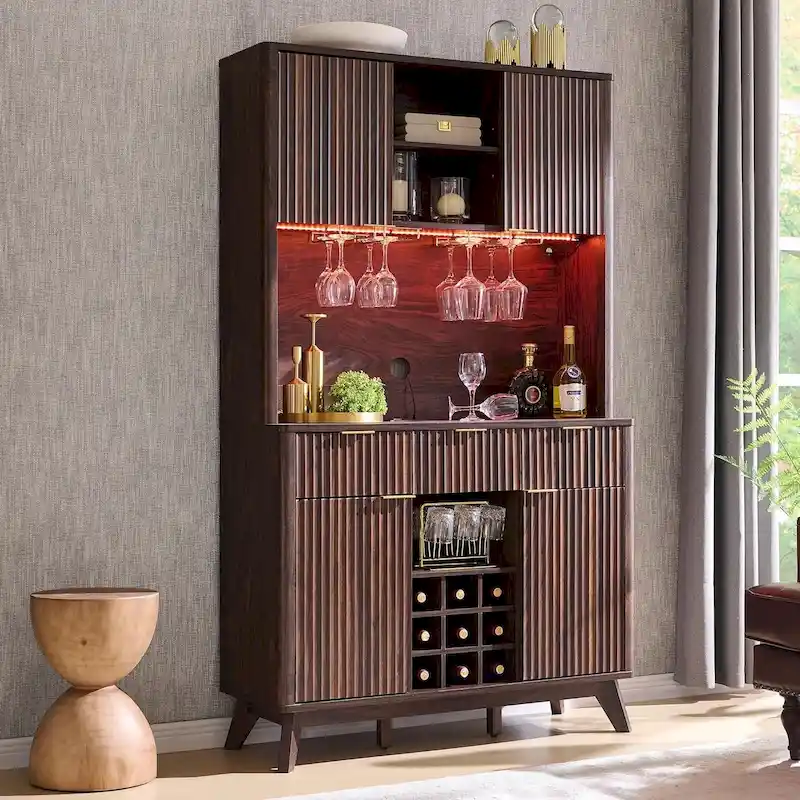 72 Wine Bar Cabinet, Modern Wood Coffee Bar Cabinet with LED Lights - N/A