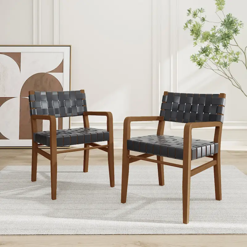 Morden Woven Leather Rubberwood Dining Chairs With Arms (Set of 2)