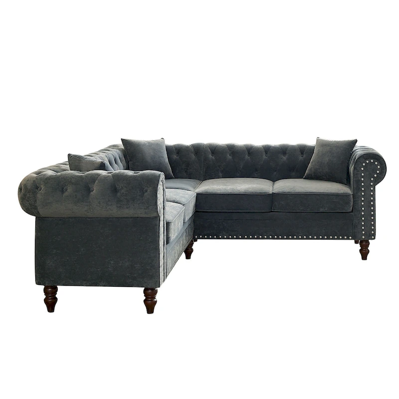Deep Button Rolled Arm Classic Chesterfield L Shaped Sectional Sofa
