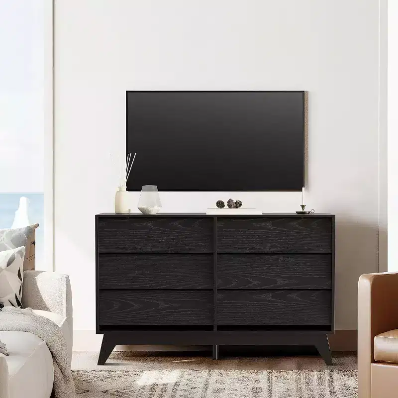 6 Drawer Dresser, Vintage Chest of Drawers with Bevel Design, Modern Dresser TV Stand for Bedroom, Living Room, Entryway and Closet
