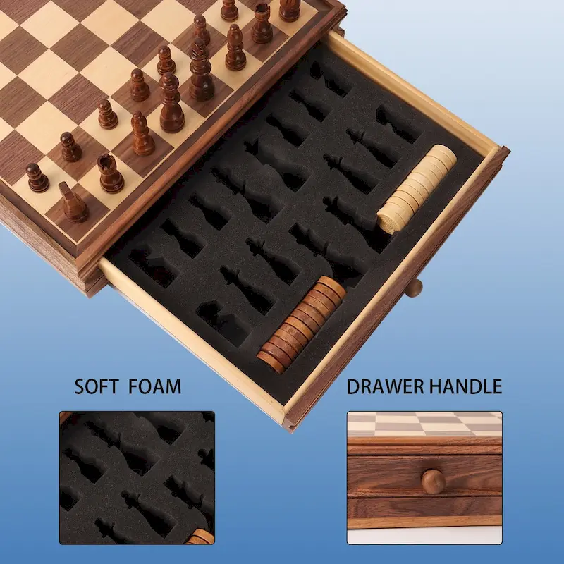 GSE 15 Large Wooden 2-in-1 Chess and Checkers Board Game Combo Set with Drawer