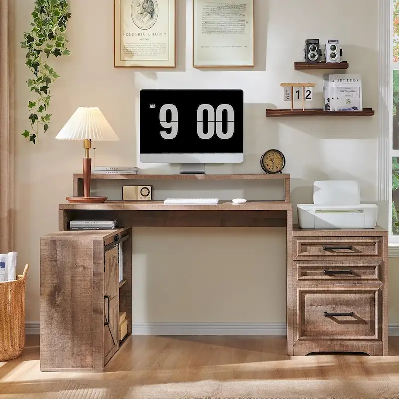 Modern Farmhouse Home Office Desk, Computer Desk with File Cabinet