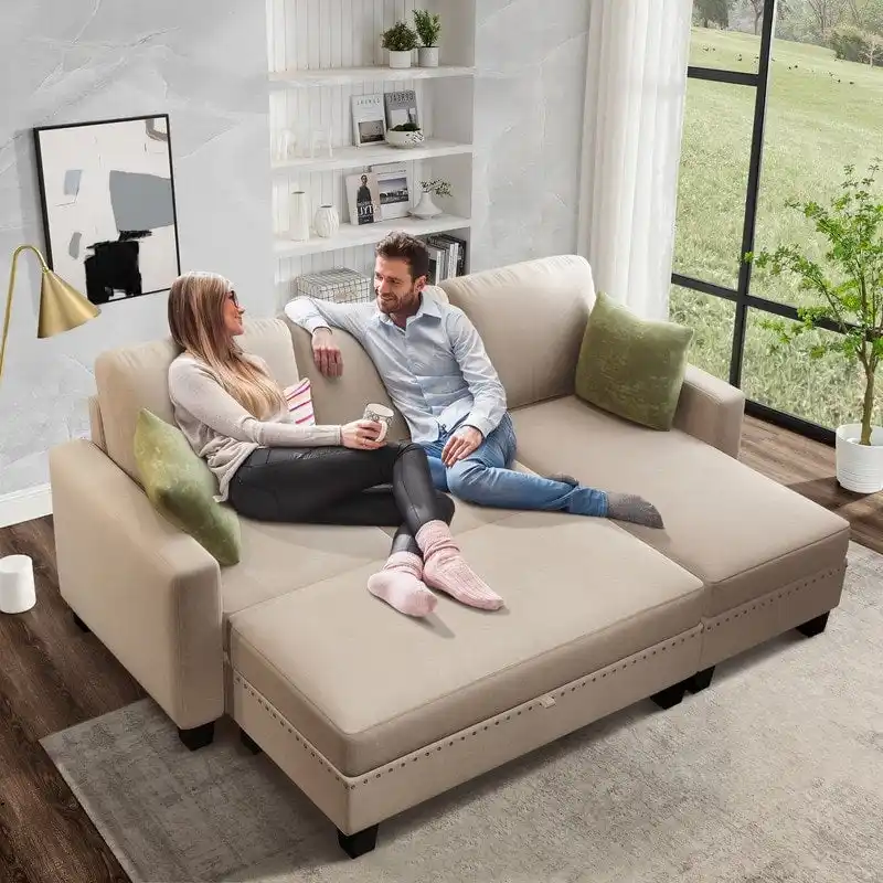 Grey Linen L-Shaped Reversible Sectional Sofa with Storage Chaise, 3-Seat