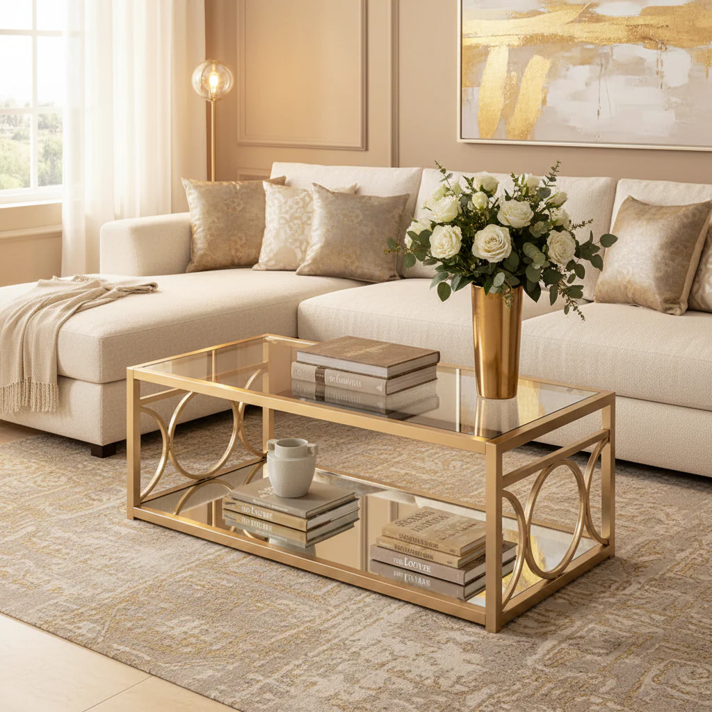 Gold Metal & Tempered Glass Coffee Table with Mirror Shelf – Gold