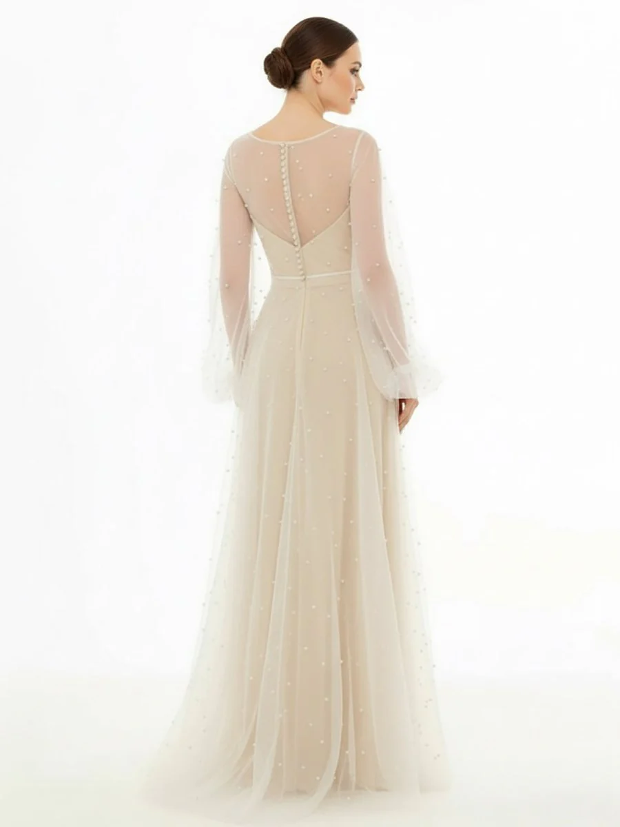 Simple Modest A-Line Long Sleeve Tulle Elopement Illusion Wedding Dress with Pearl