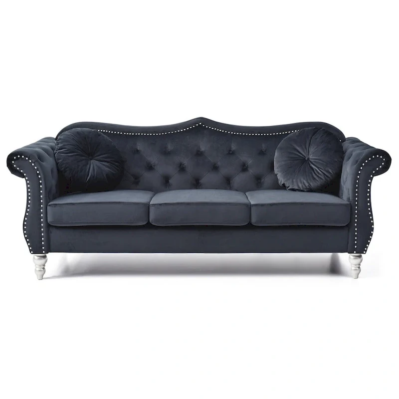 Hollywood 82 in. Velvet Chesterfield 3-Seater Sofa with 2-Throw Pillow - 82L x 35W x 34H