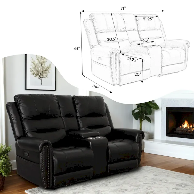 Genuine Leather Black Power Recliner Sofa, Loveseat, Recliner With Adjustable Headrest and Extendable Footrest