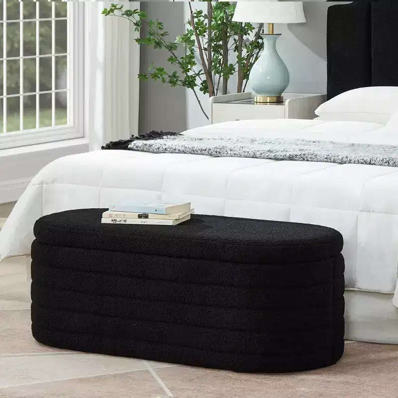 Zeus & Ruta Modern 43 in.W Oval Storage Ottoman End of Bed Stool Bench Upholstered with Safety Hinge-