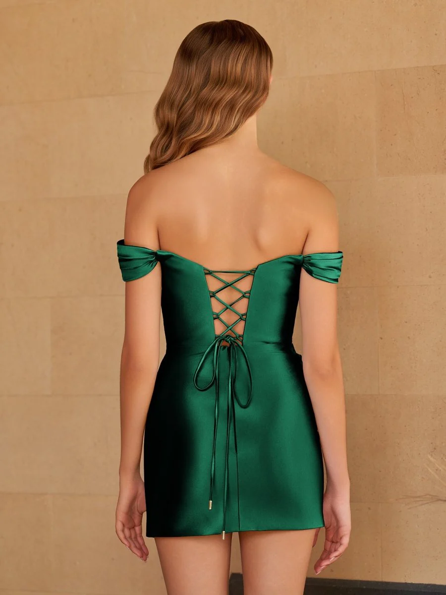 Dark Green - Bodycon Satin Off the Shoulder Mini Party Dresses with Beads
