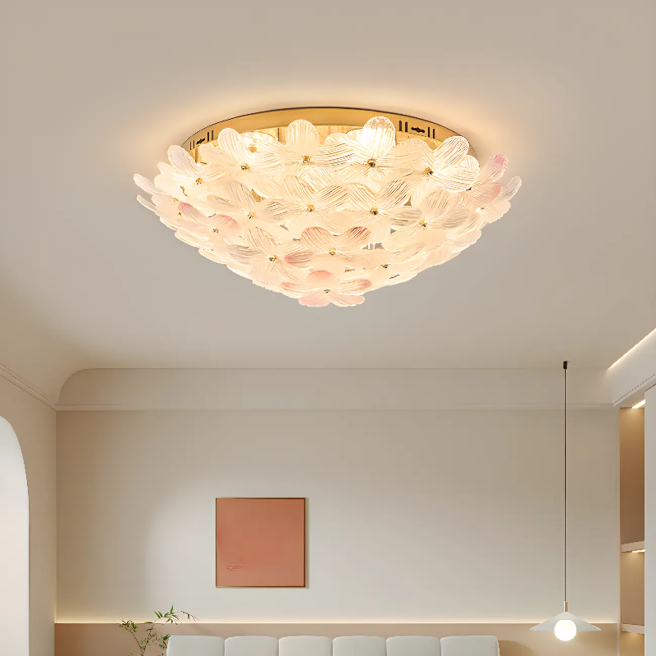 Glass Flower Shape Aureate Stainless Fixture Flush Mount Ceiling Light