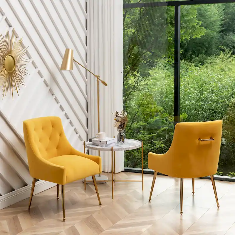 SEYNAR Modern Boucle Velvet Upholstered Accent Dining Chair Set of 2 Tufted Back Armless Chair with Golden Legs
