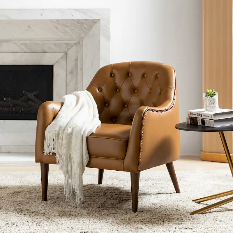 Melisa Classic Genuine Leather Wood Legs Barrel Chair With Tufted Back By HULALA HOME