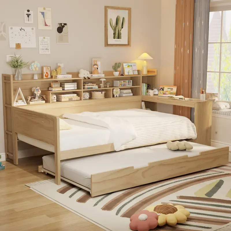 All-in-one Captains Bed Wooden Daybed U-shape Bookcase Bed with Pull-out Trundle Bed and Side Study Desk for Bedroom