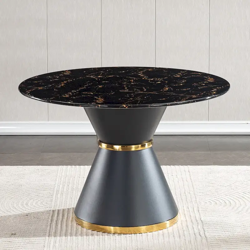 Round Dining Table with Marble Print Top and Metal Base