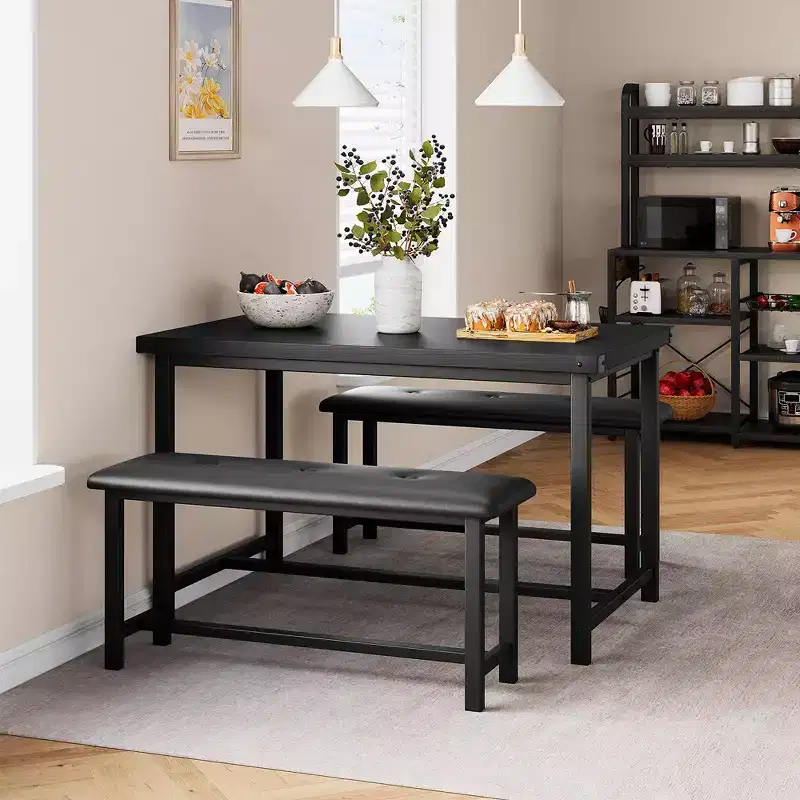 Dining Table Set for 4, Wooden Kitchen Table with 2 Upholstered Benches, for Small Space, Apartment, Studio