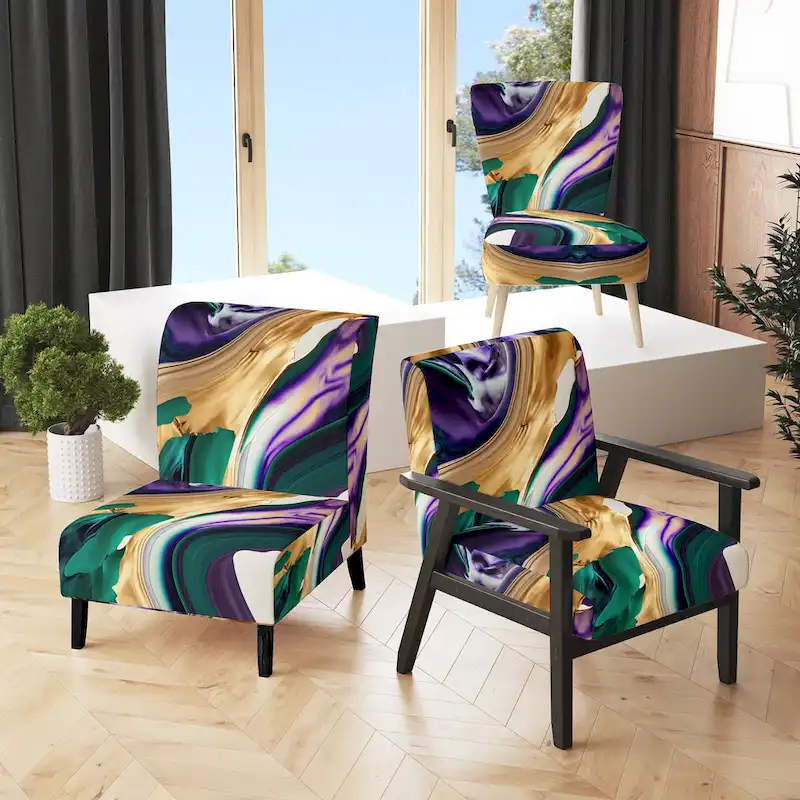 Designart Purple, Green And Gold Bold Strokes I Upholstered Modern & Contemporary Accent Chair and Modern Arm Chair