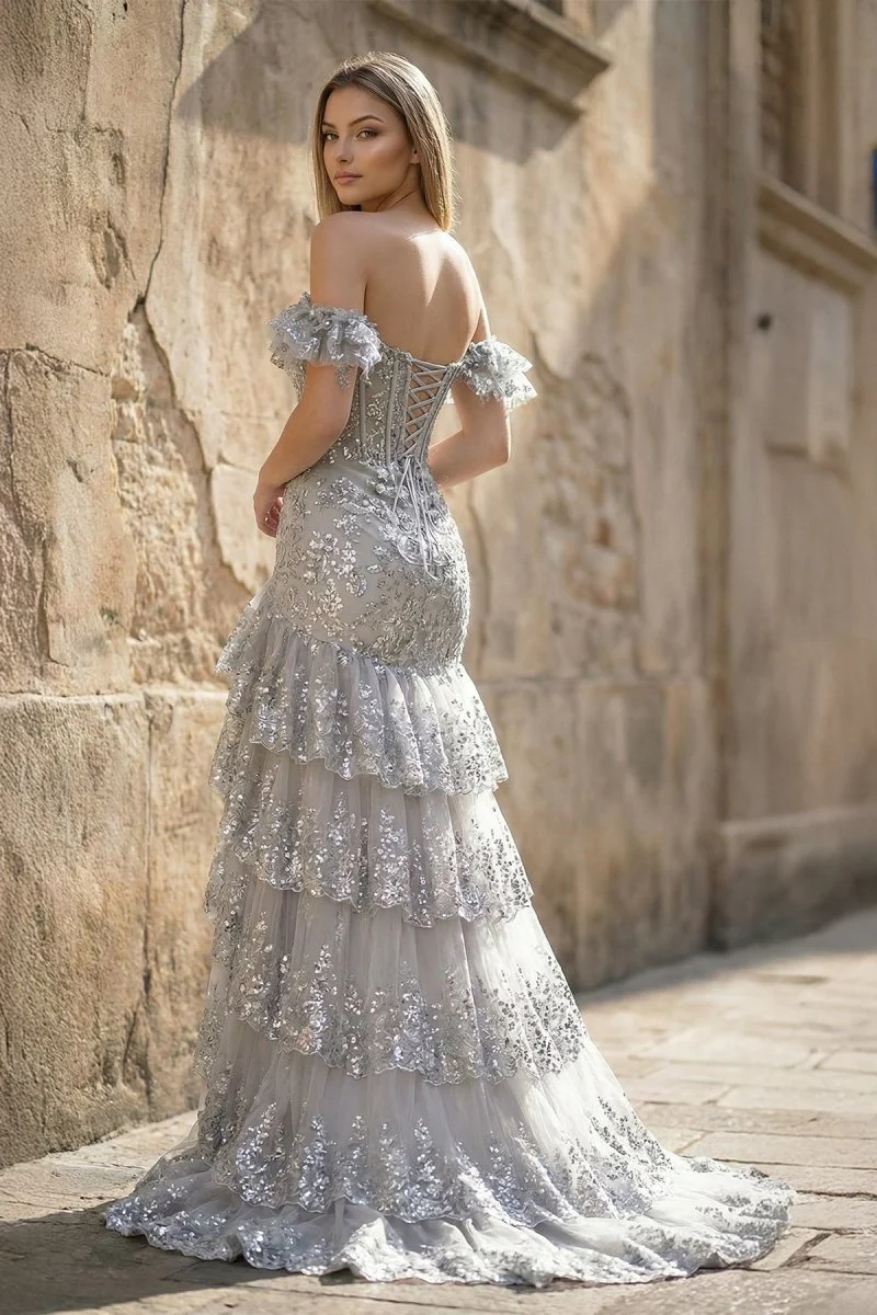 Sheath Off the Shoulder Long Lace Prom Dress (Lace-up Back)