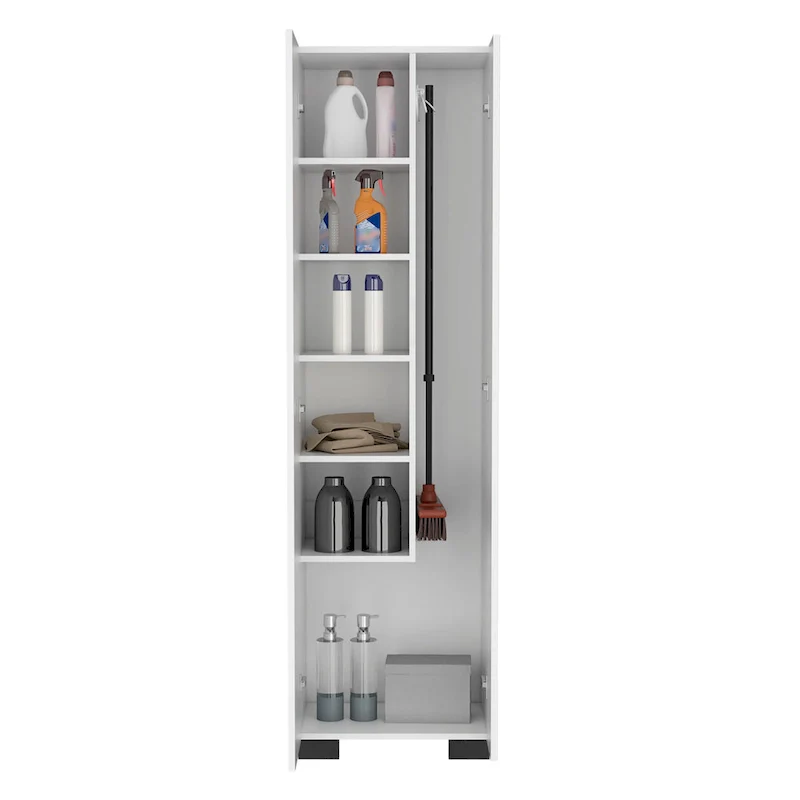 Slim Broom Cabinet with Inner Shelves & Side Broom Hangers — White
