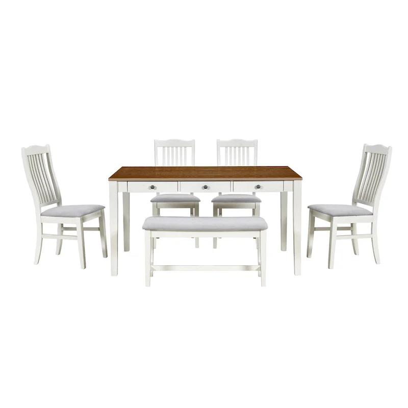 6-Piece Wooden Dining Table Set with 4 Chairs & Bench, Table with Drawer
