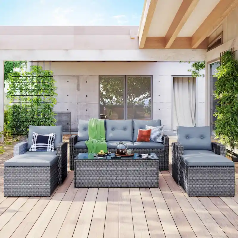 6-piece All-Weather Wicker PE rattan Patio Outdoor Dining Conversation Sectional Set with coffee table