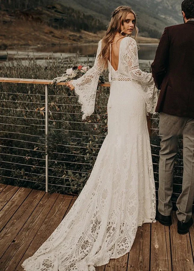 Classical Fairy Long sleeve Lace Mermaid Backless Chic Bridal Gowns