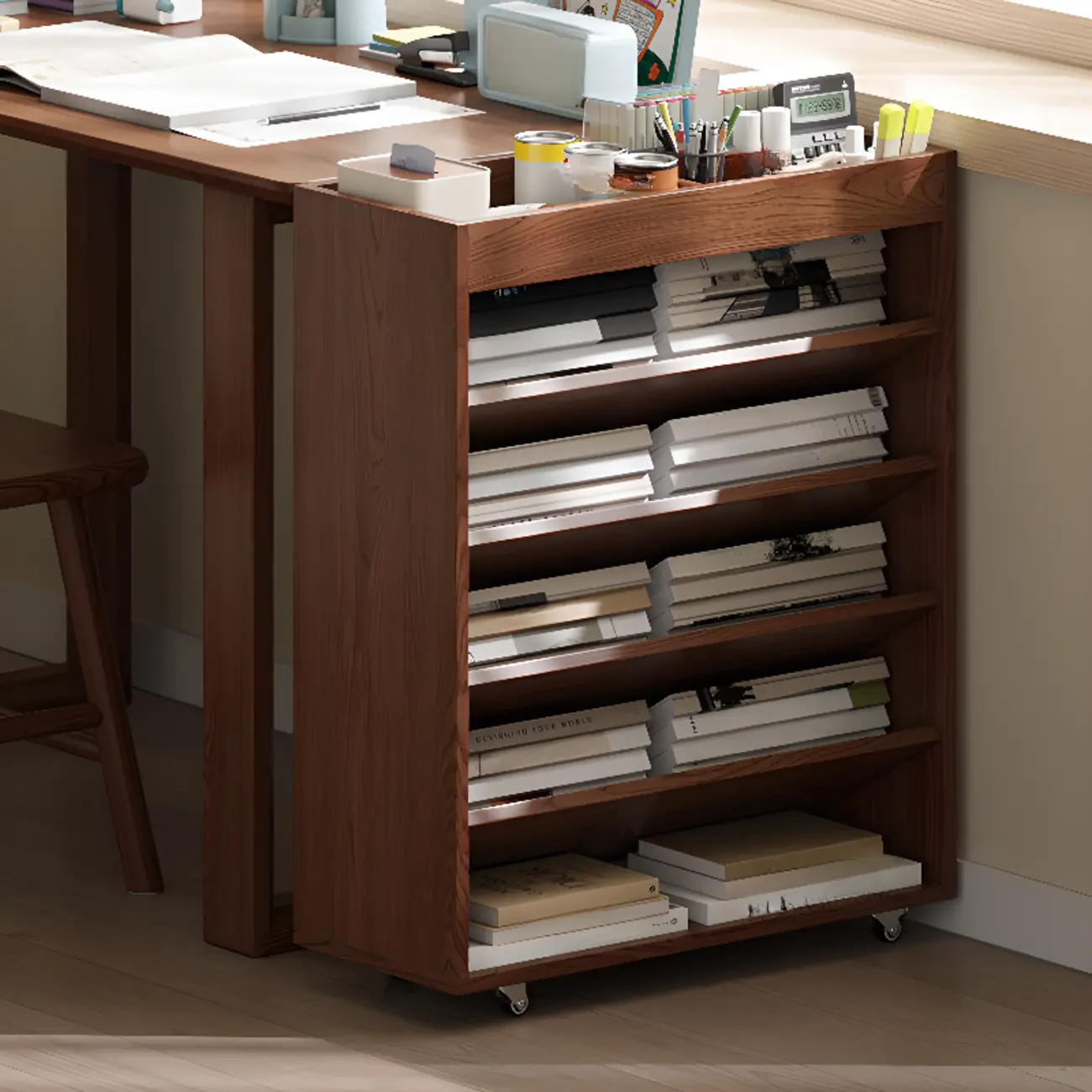 Mobile 5-Shelf Nut-Brown Wood Vertical Bookcase