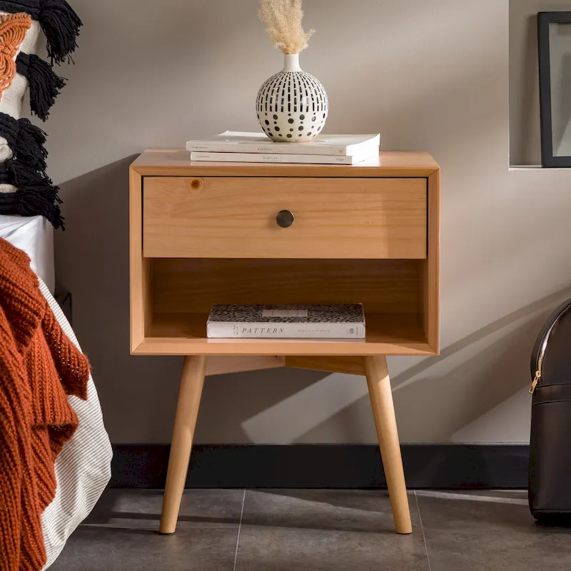 Mid-Century Solid Wood 1-Drawer Nightstand