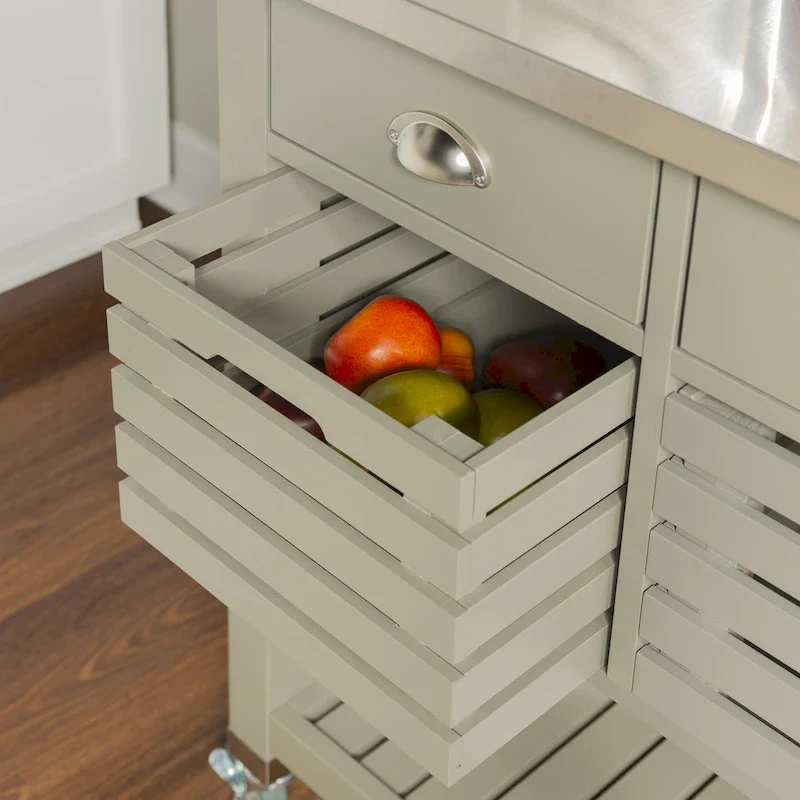 Rolling Kitchen Cart with Stainless Steel Top – Grey, 2 Drawers & Pull-Out Baskets