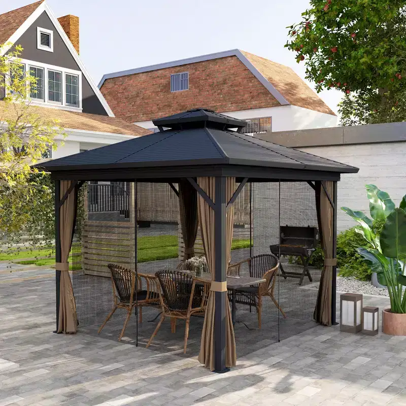 Outsunny Metal Hardtop Gazebo with Mesh Sidewalls & Curtains, Double Roof Pavilion for Patio, Backyard, Deck, Porch