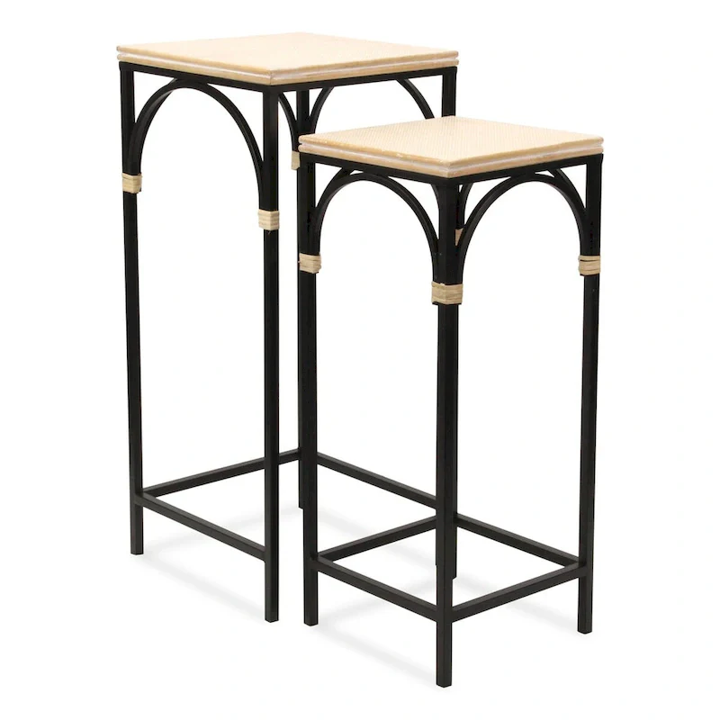 Claudette Set of 2 Rattan Accented Wood & Metal Square Side Tables