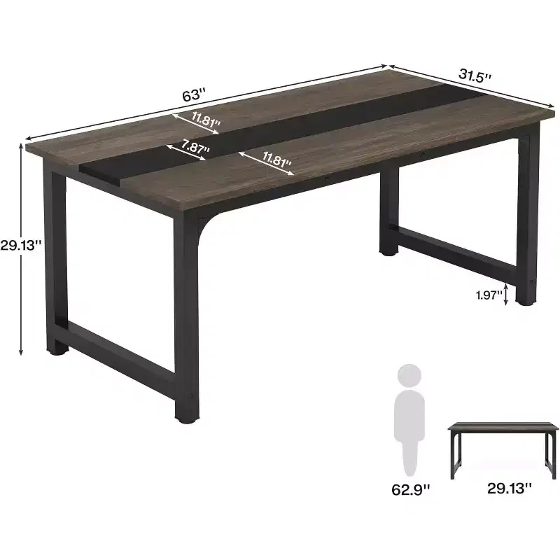 Lantine 63-Inch Executive Desk, Large Office Computer Desk with Thick Frame, Modern Workstation for Home Office, Vintage Grey/Black
