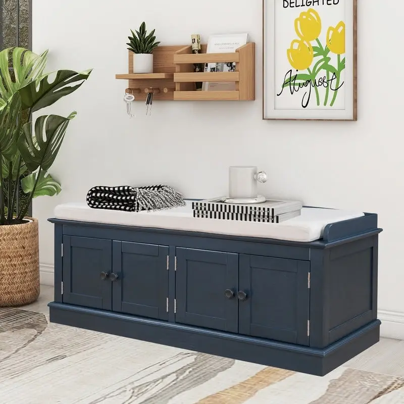 Entrance living room storage stool with removable mat and locker, 4 doors and adjustable shelves