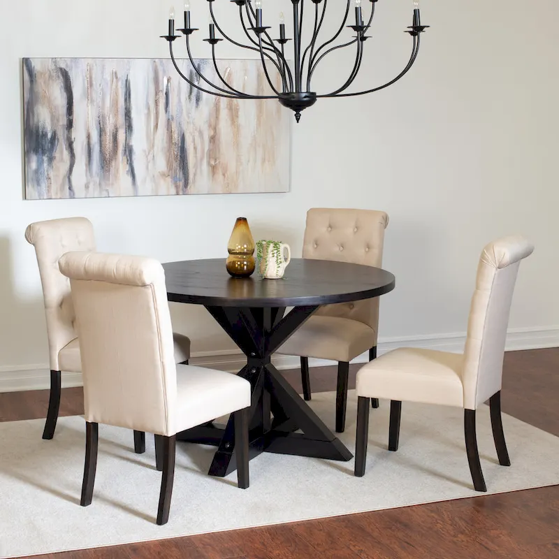 Modern Style 5-Piece Dining Set with Cross Base Round Table and 4 Button Tufted Linen Upholstered Chairs