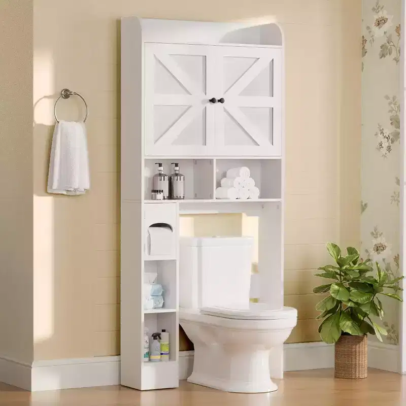 Dyonery 70 Over The Toilet Storage Cabinet with Barn Doors, Tall Bathroom Rack with Toilet Paper Holder, for Restroom, Laundry, White