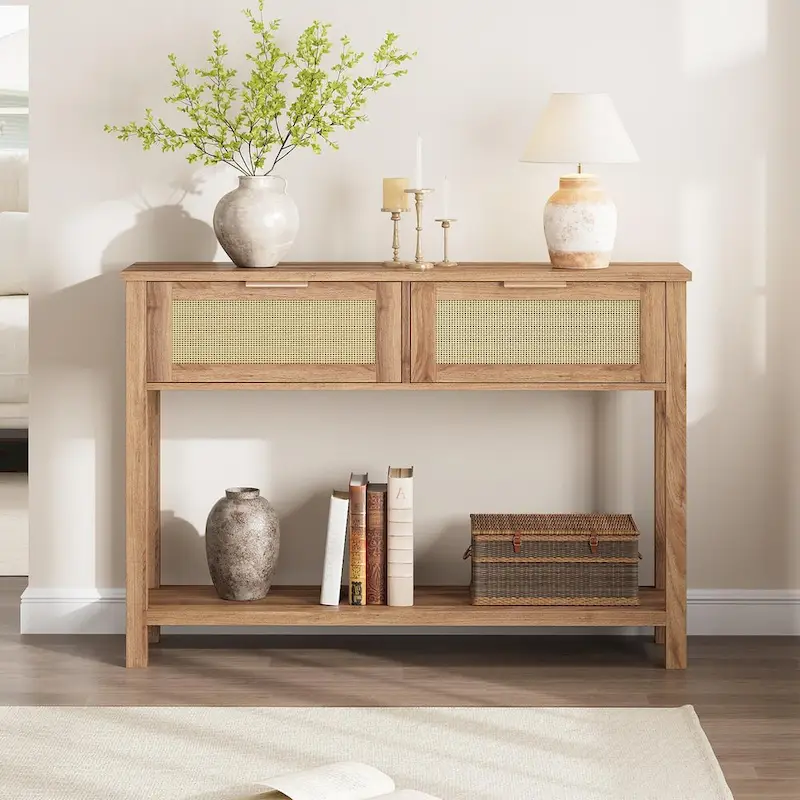 Brown / Natural Rattan & Wood Console Table with 2 Drawers & Lower Shelf – Boho Style