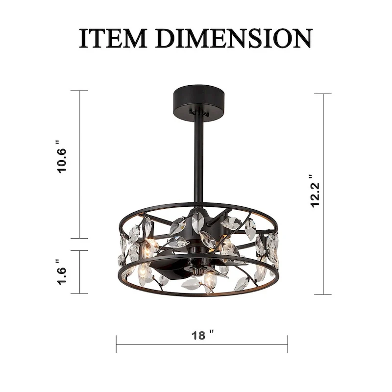 Cusp Barn 18in. Modern Crystal Caged Ceiling Fan With Light, Industrial Metal Shade Reversible 6-Speed Ceiling Fan With Remote