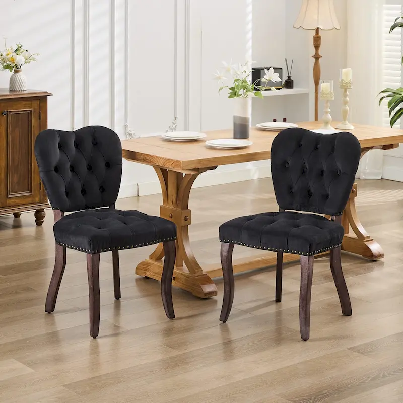Velvet Tufted Dining Chairs Set of 2 with Wooden Legs