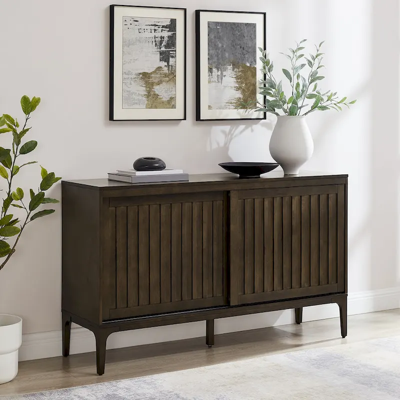 Matte Black & Dark Brown Mid-Century Sideboard with Sliding Doors