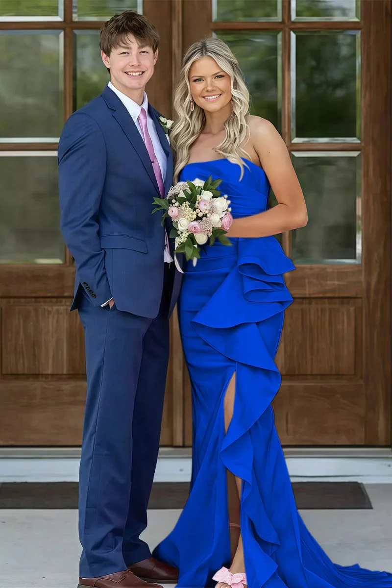 Pink Mermaid Strapless Satin Ruffled Long Prom Dresses with Slit