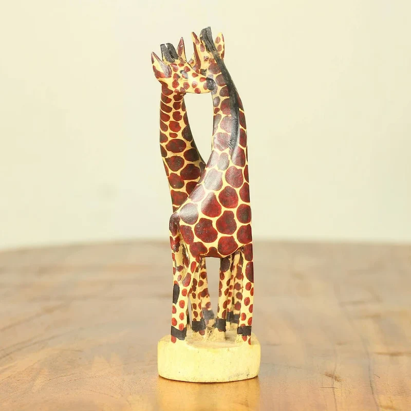Handmade Giraffe Harmony (small) Teakwood sculpture (Ghana) - 25 x 13 x 10