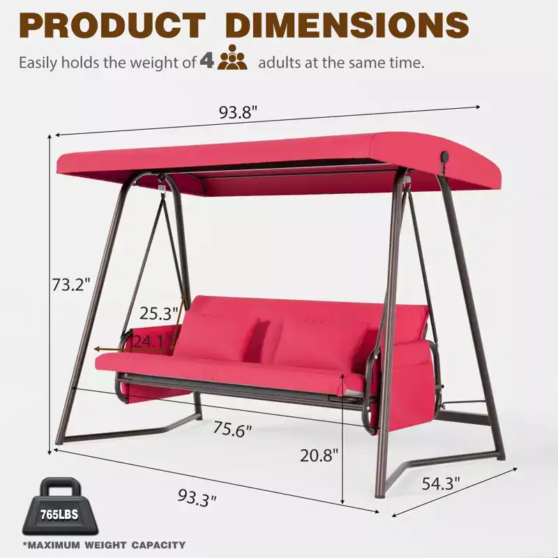 Whisen 93.8 in. W 3-Person Metal Patio Swing Chair Swing Bed with Cushion and Adjustable Canopy