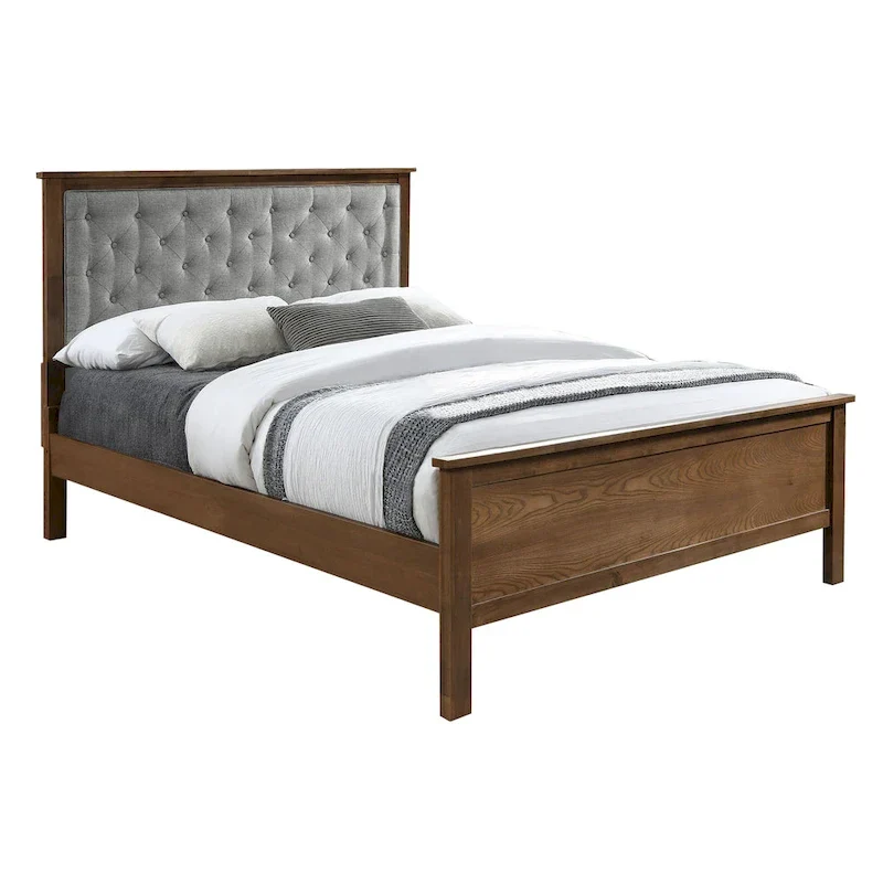 Gray Upholstered Queen Bed Headboard and Wood Footboard Set