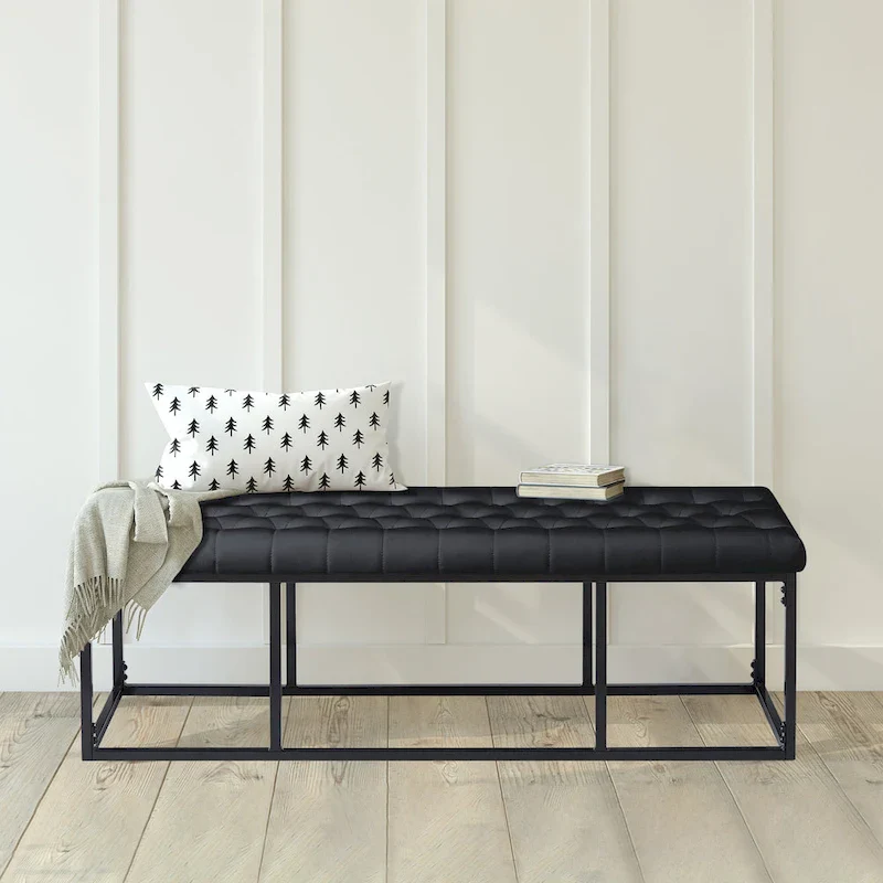 Black Faux Leather Accent Bench with Metal Frame