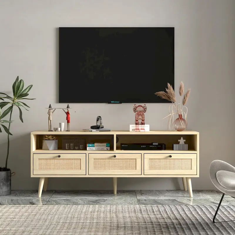 Rattan TV Stand with Solid Wood Legs